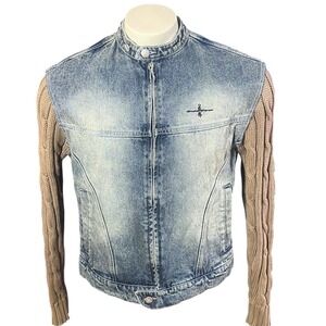 Not4nerd Style Acid Wash Denim Hybrid Jacket with Tan Cable Knit Sleeves Zip Up